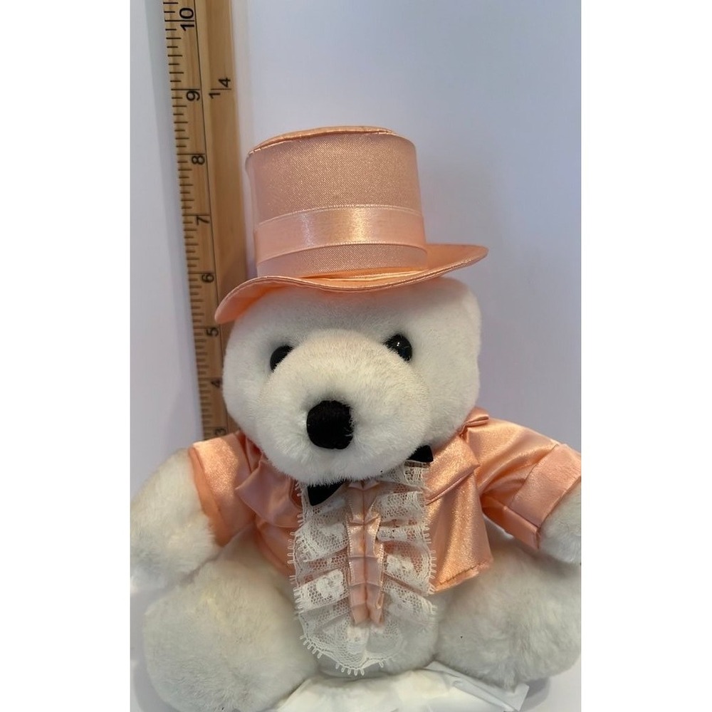 Vintage White Plush Bear in Peach‎ Satin Outfit